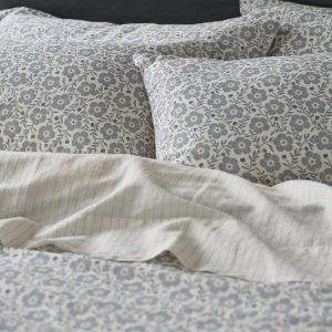 Dusk Blue Folk Floral Linen Blend Pillowcases (Pair)