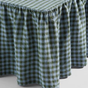 Fern Green & Dusk Blue Color Drenched Gingham Linen Blend Bed Skirt