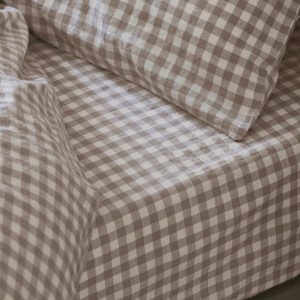 Mushroom Gingham 100% Linen Fitted Sheet