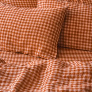 Cinnamon & Peach Colour Drenched Gingham Linen Blend Pillowcases (Pair)