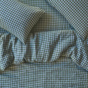 Fern Green & Dusk Blue Colour Drenched Gingham Linen Blend Duvet Cover