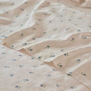 Dusk Blue Posy Bud Linen Blend Flat Sheet