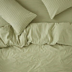 Elm Green & Butter Yellow Color Drenched Gingham Linen Blend Duvet Cover