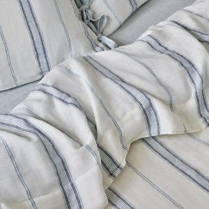Dusk Blue Farmhouse Stripe 100% Linen Flat Sheet