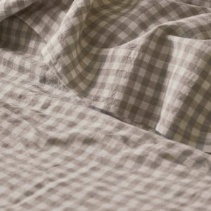 Mushroom Gingham 100% Linen Flat Sheet