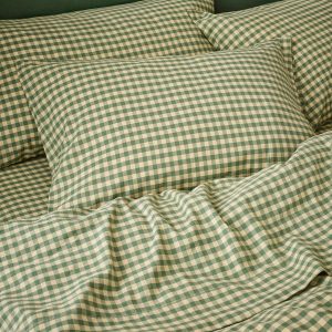 Elm Green & Butter Yellow Color Drenched Gingham Linen Blend Pillowcases (Pair)