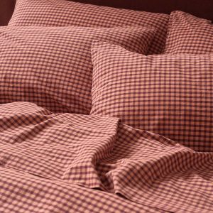 Fig & Blush Pink Gingham Washed Cotton Percale Pillowcases (Pair)