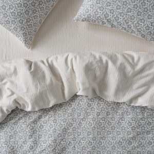 Dusk Blue Folk Floral Linen Blend Duvet Cover