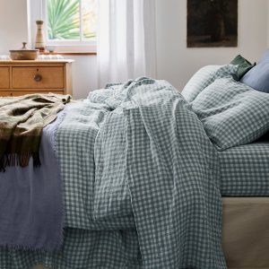 Warm Blue Gingham 100% Linen Flat Sheet